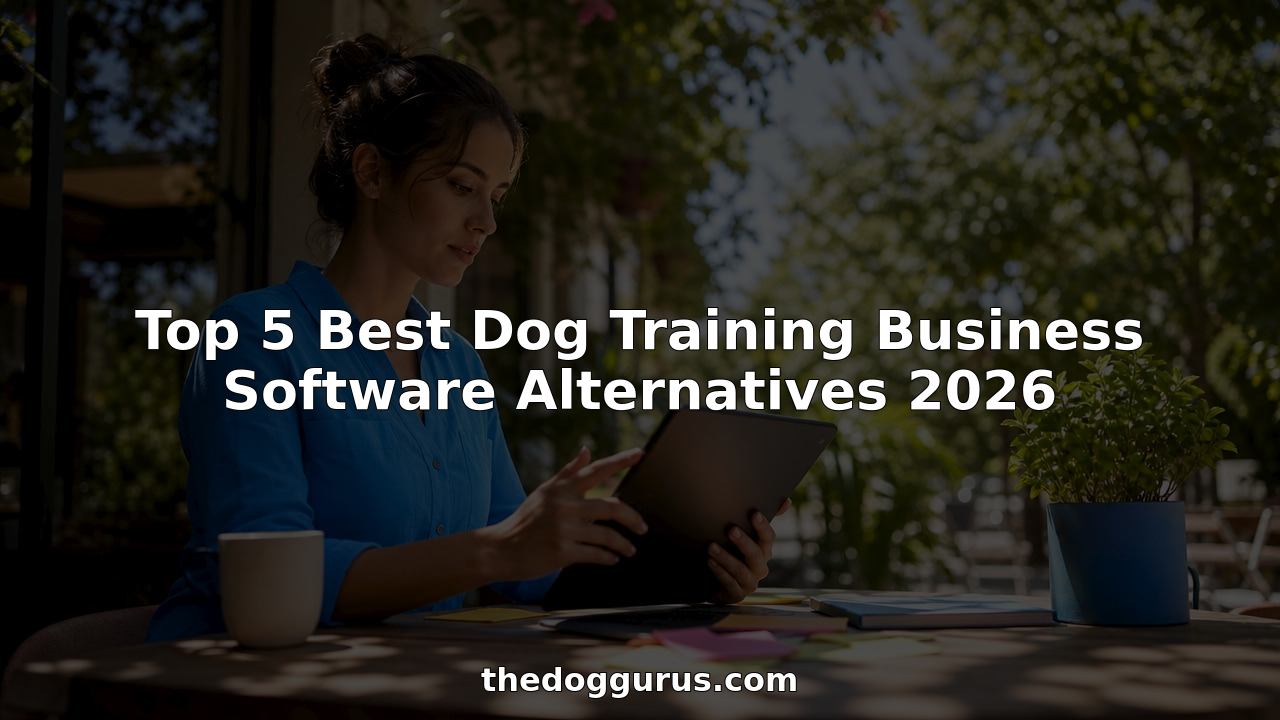 Woman reviewing dog training software on tablet