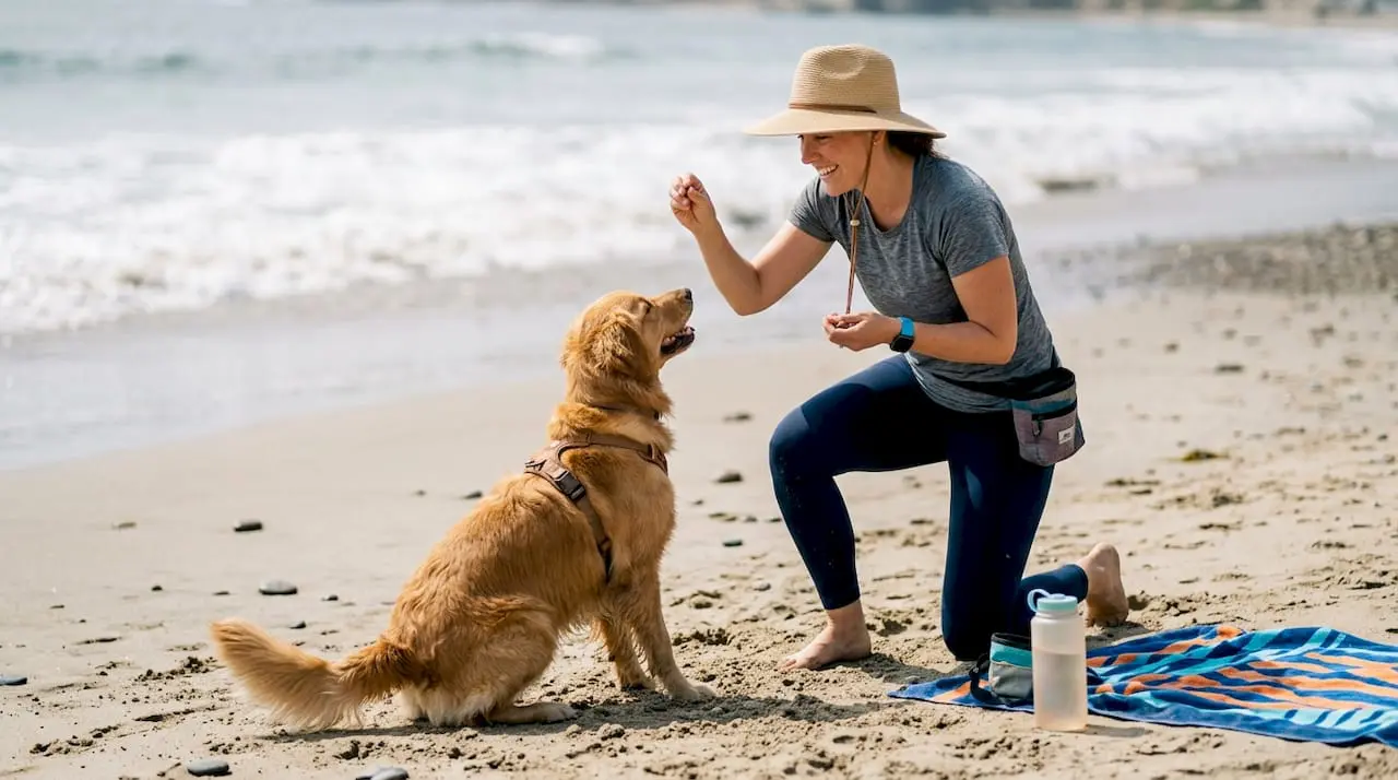 Dog trainer teaching obedience outdoors