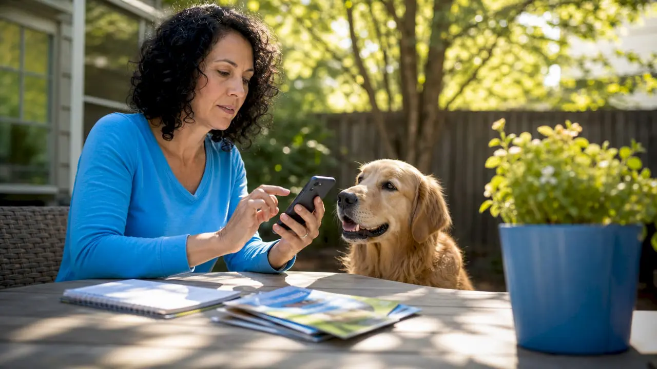 Pet owner scheduling vet appointment with dog