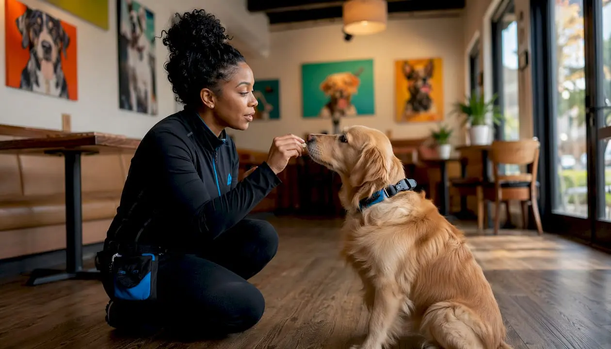 Trainer interacting with dog in day care