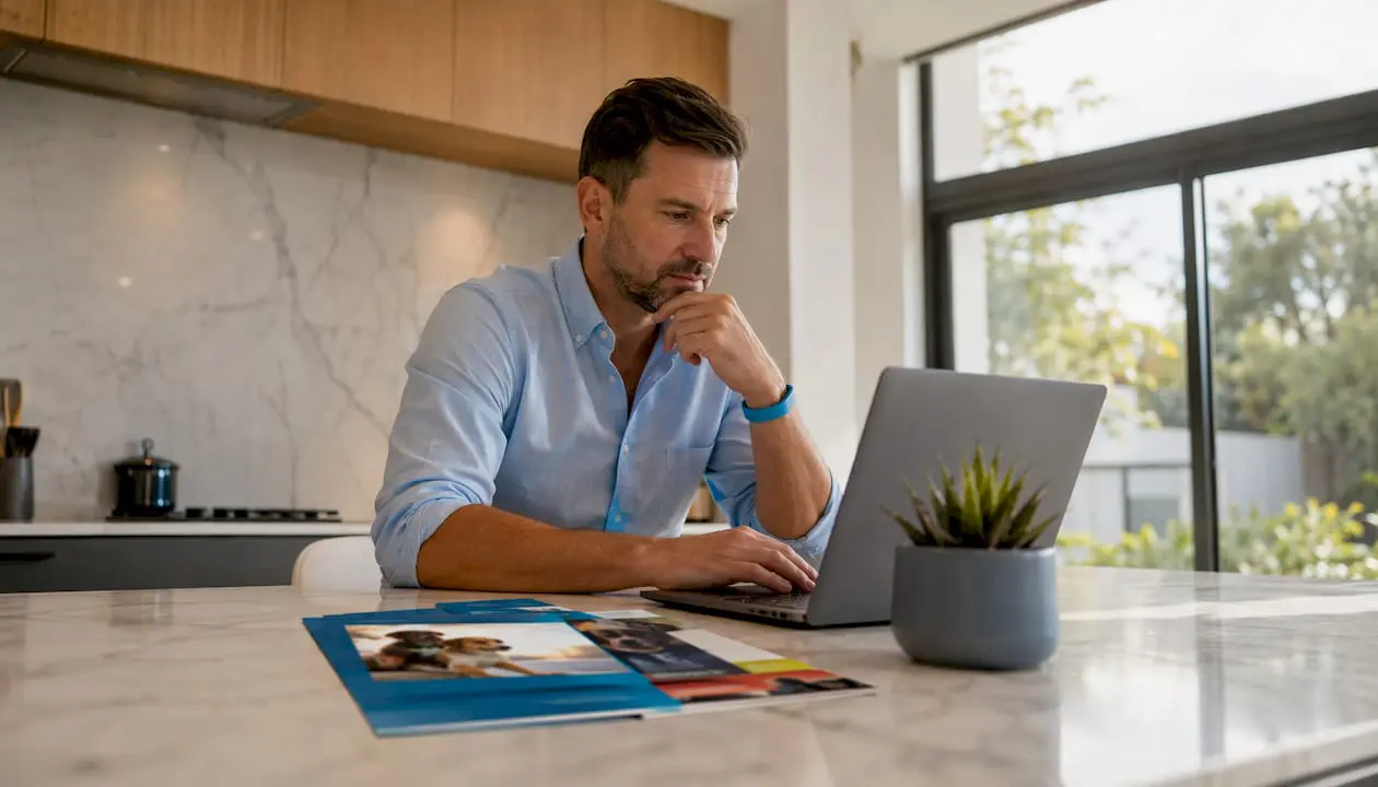Business owner using laptop evaluating pet software