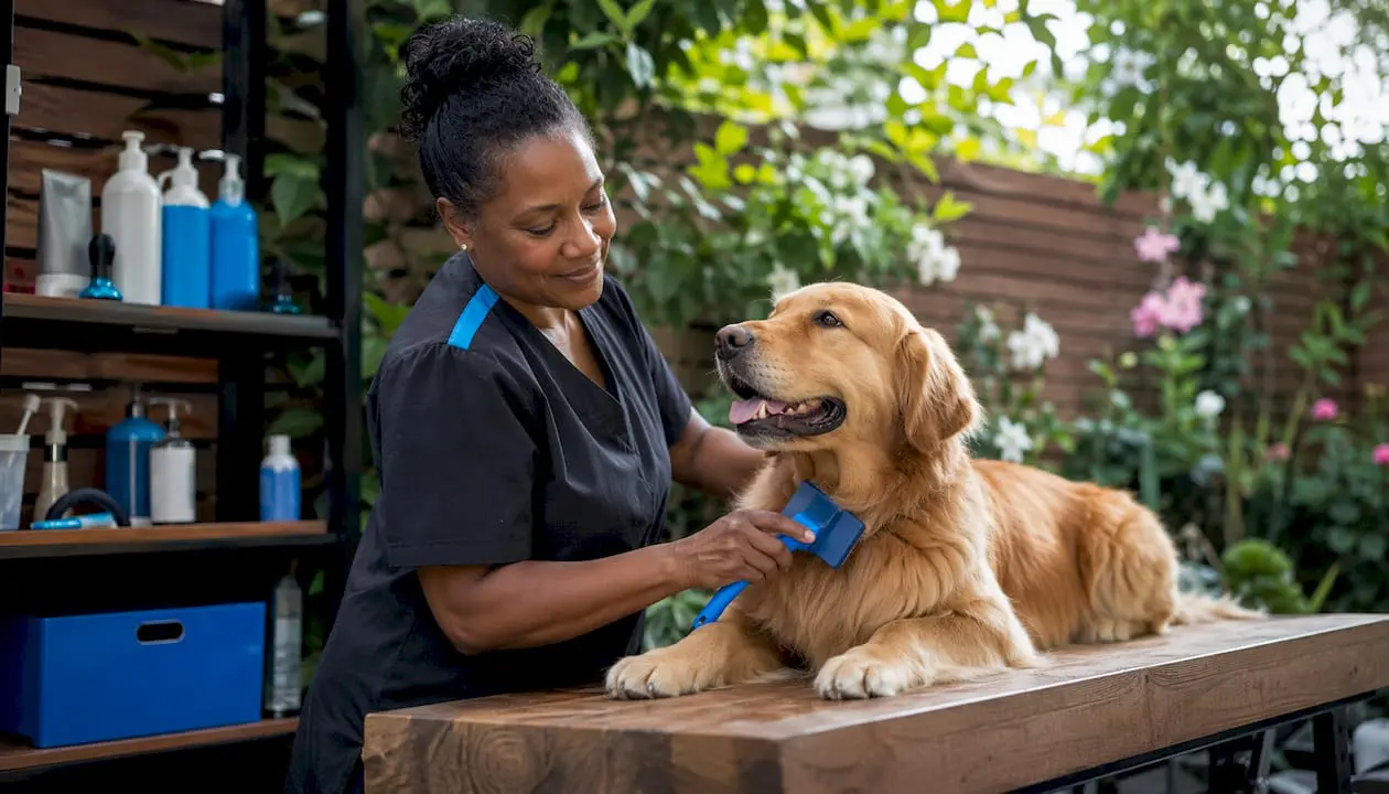 Pet groomer brushing dog in urban salon