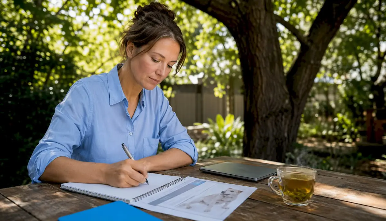 Woman planning dog business at home office table