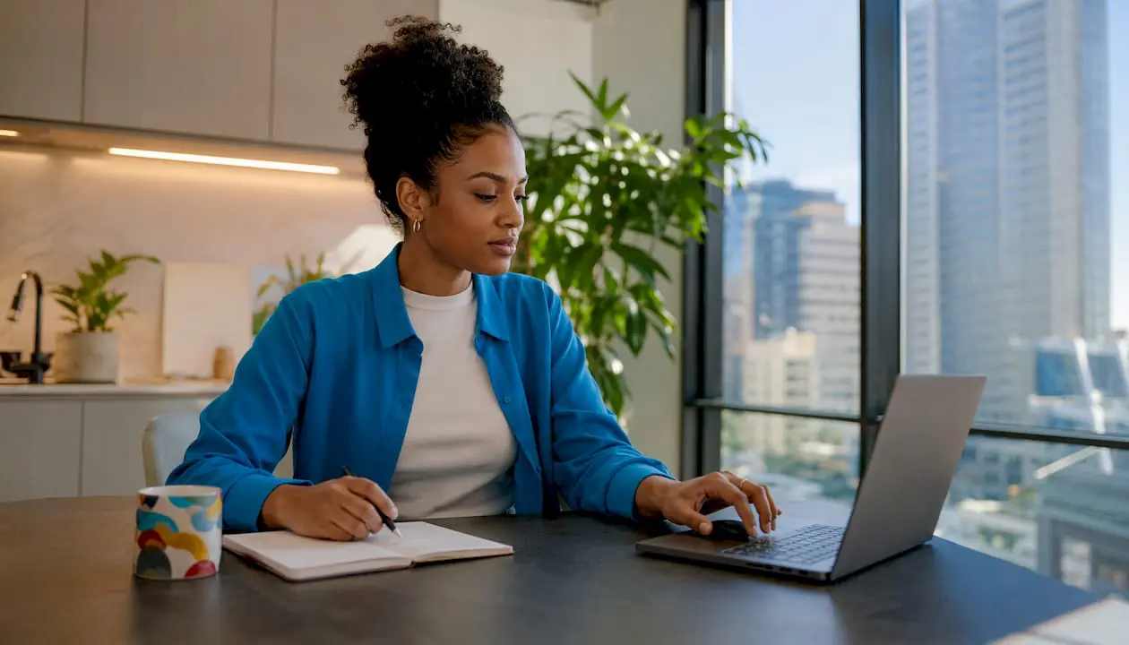 Woman using dog sitting software at home office desk