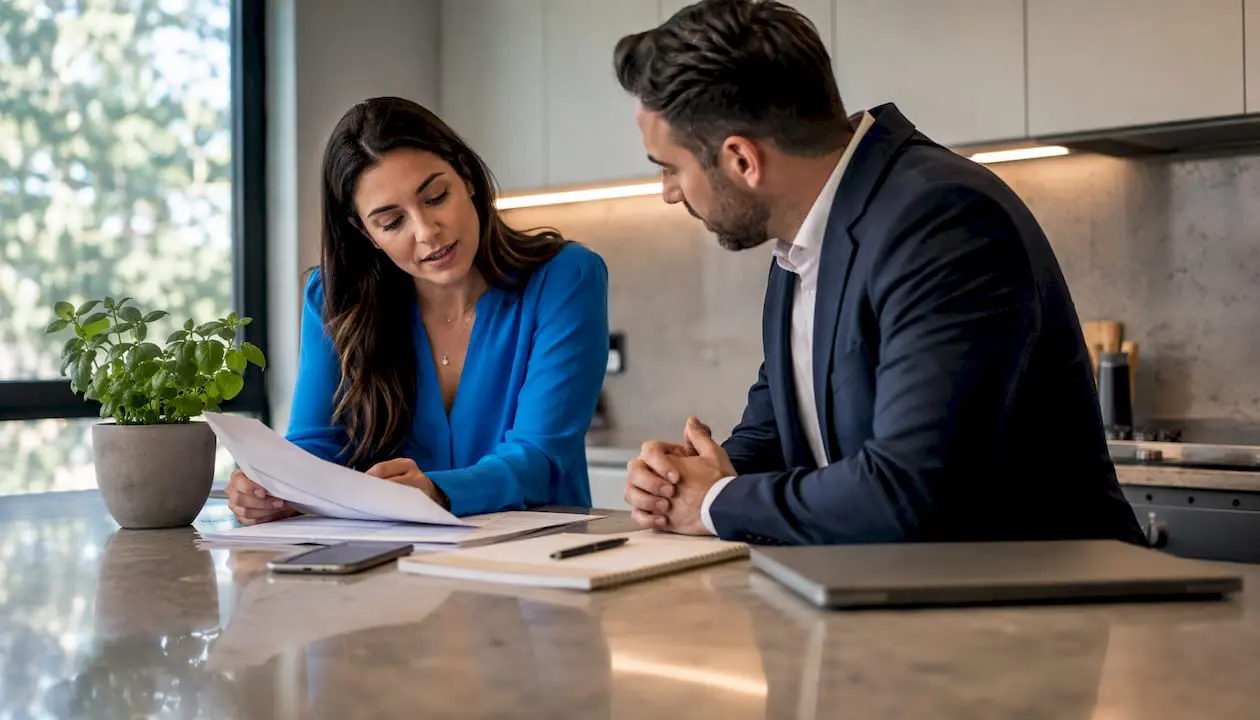 Franchise operator reviewing documents in office