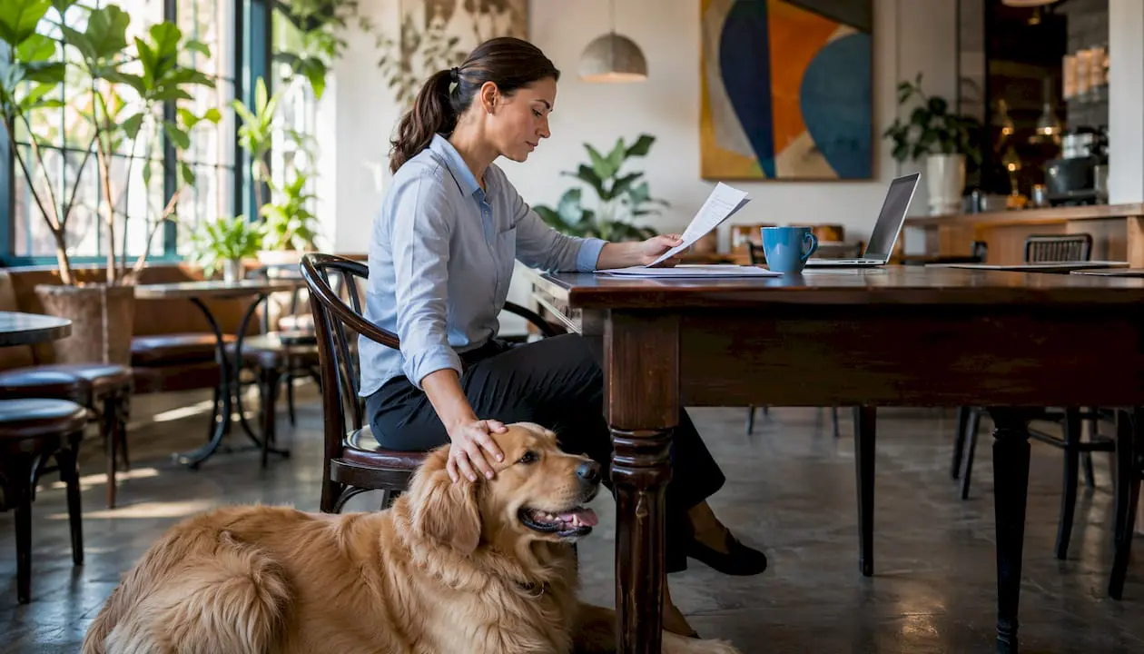 Entrepreneur reviewing dog business plan with golden retriever