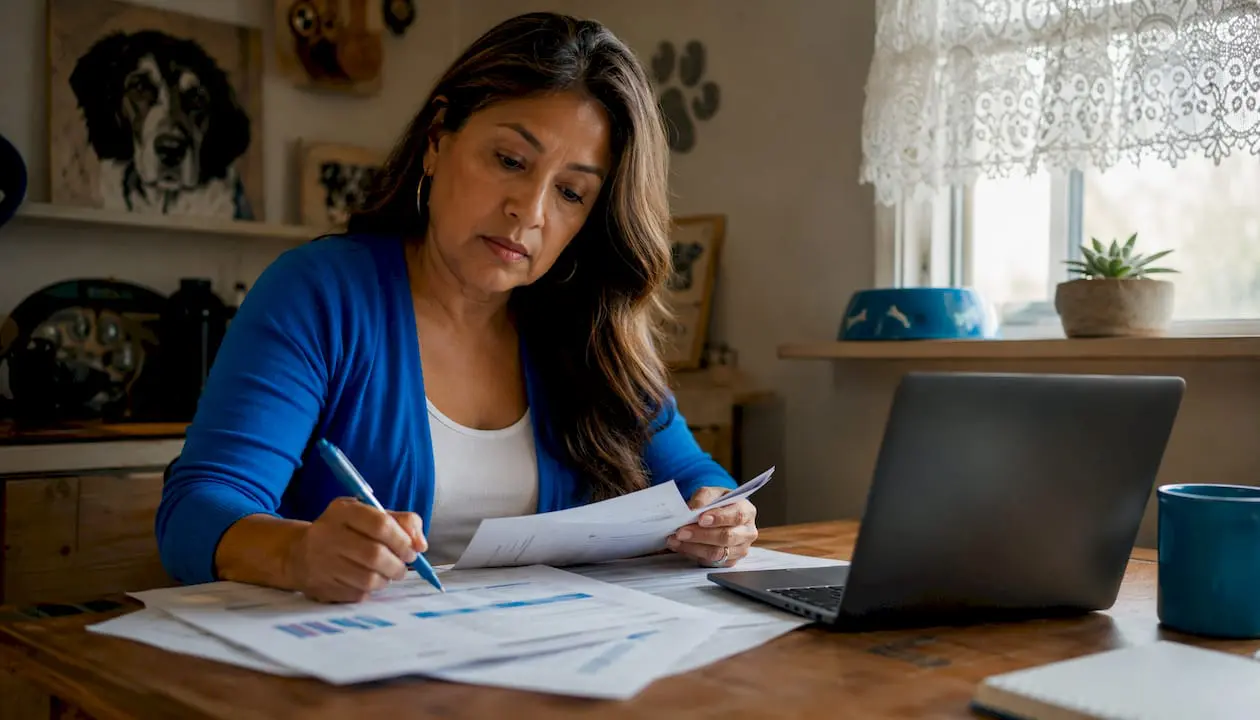 Woman planning dog business at home desk