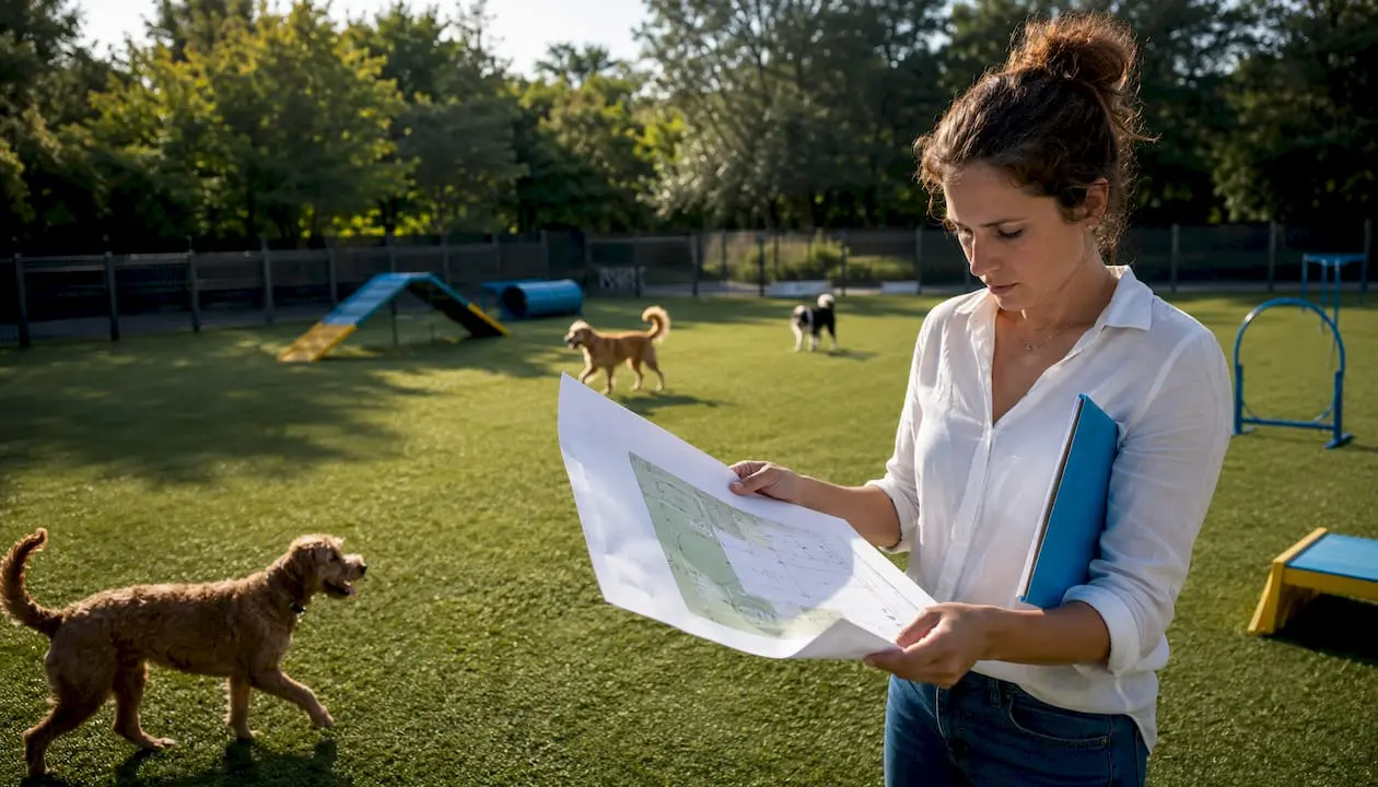 Dog daycare manager reviewing facility layout