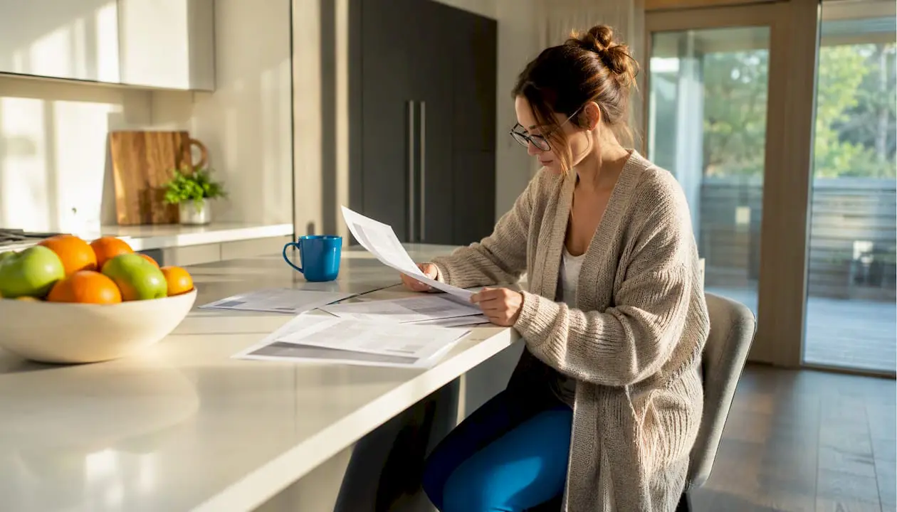 Dog daycare owner reviewing insurance documents at home office