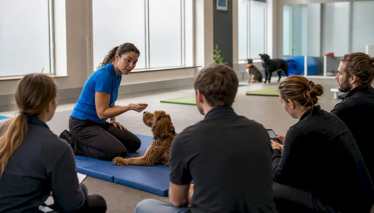 Instructor teaching dog daycare staff in playroom