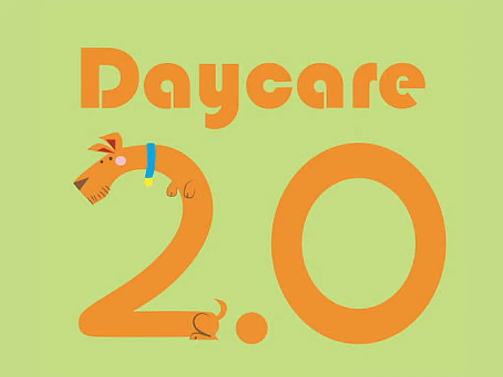 Orange text and illustration on a green background. The number two is an orange cartoon dog with an elongated body. The text reads, "Daycare 2.0."