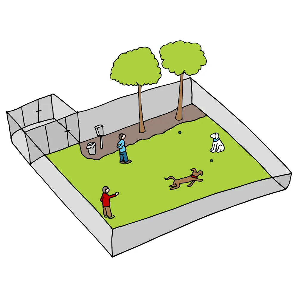 Dog park illustration with two owners and their two dogs.