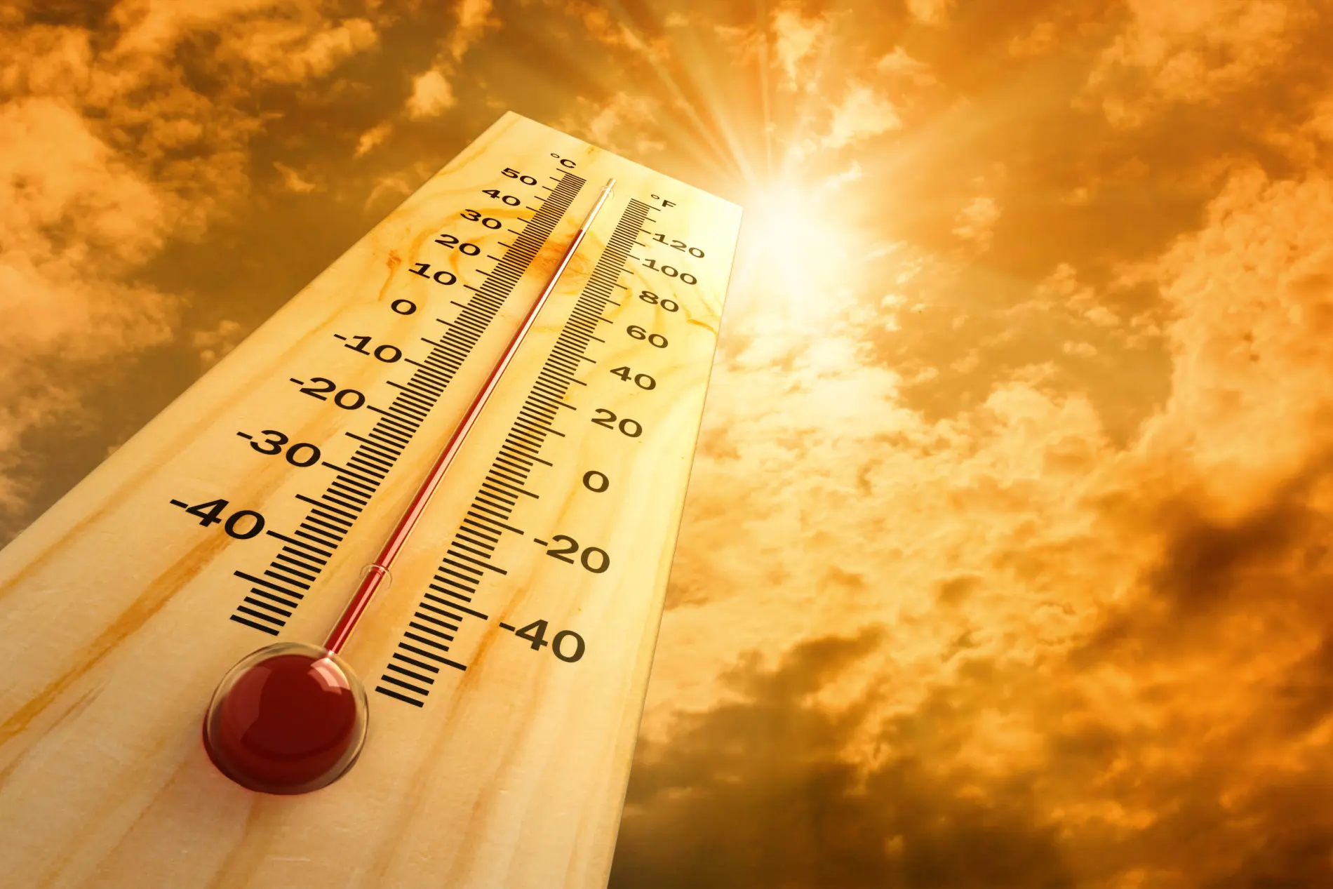 Image of a wood thermometer with a red temperature indicator under a hot sun showing that it is 100 degrees F, 40 degrees C.