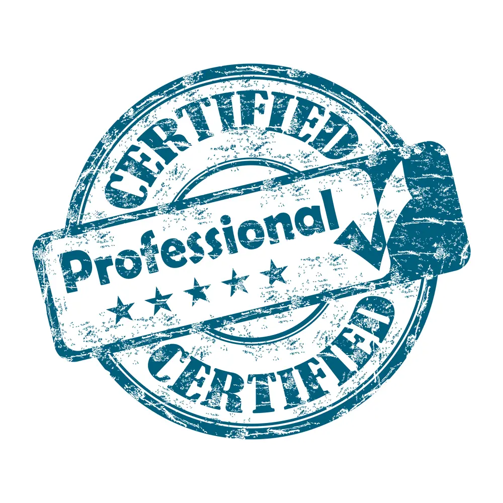 Worn blue-and-white seal that reads, "Certified Professional."