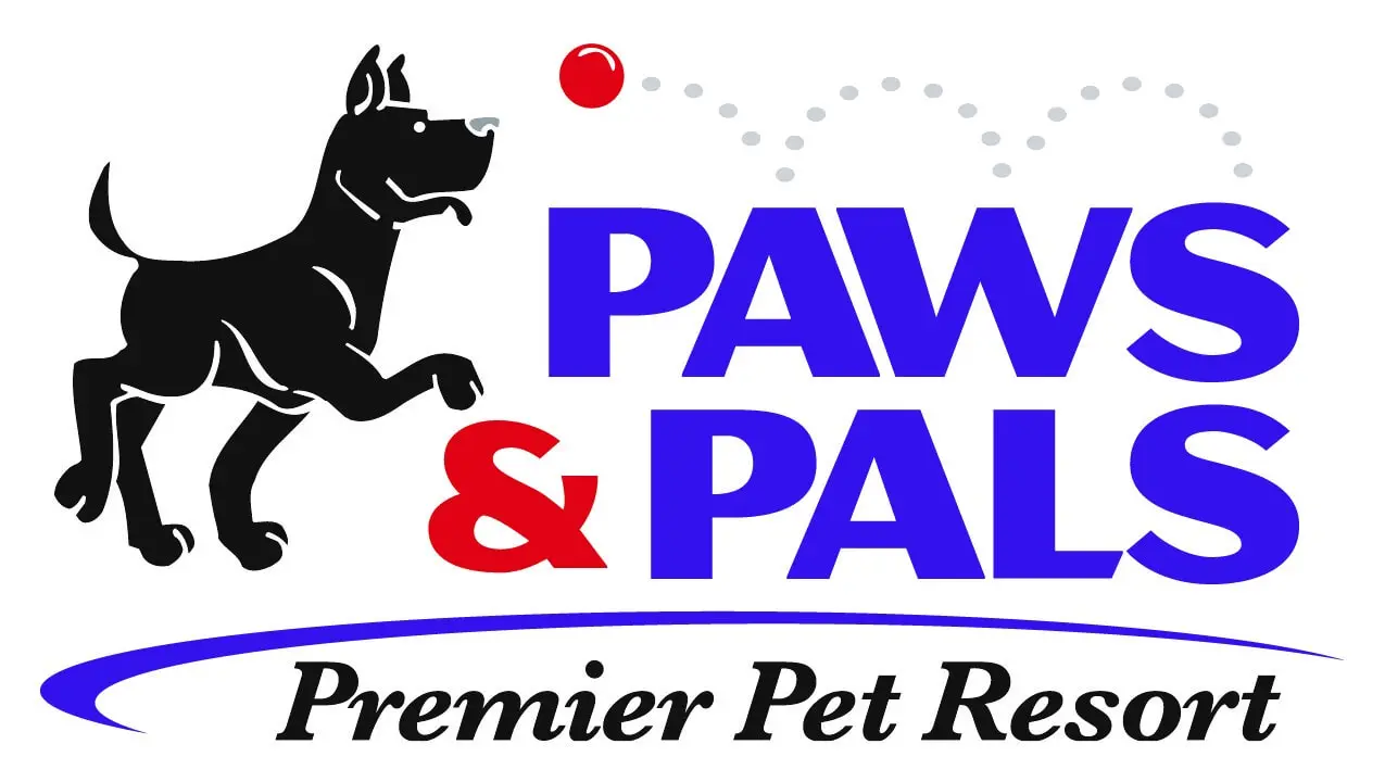 A purple, black, and red Paws and Pals: Premier Pet Resort logo.