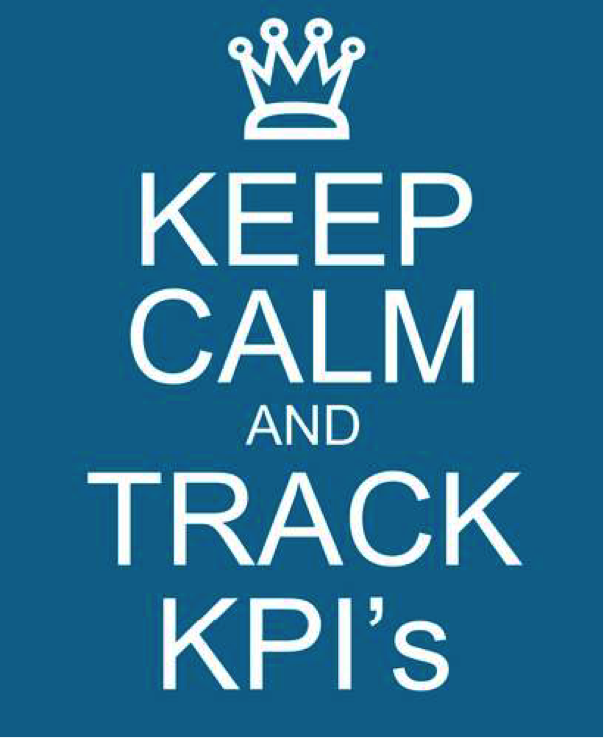 A blue and white graphic depicting and a crown and the words "Keep calm and track KPI's" on it.