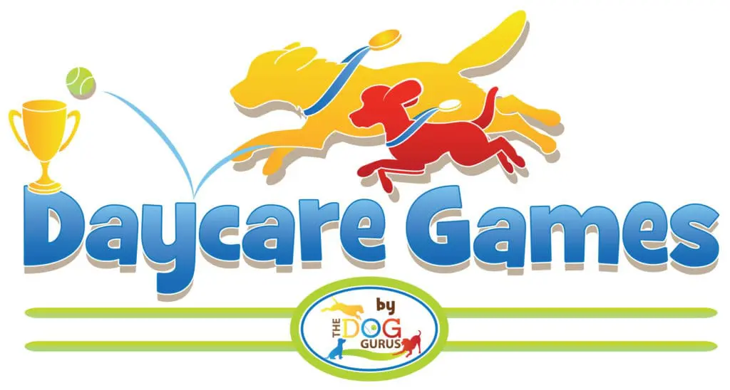 Daycare Games Graphic with a trophy and two dogs of different breeds and sizes with medals around their necks chasing after a bouncing tennis ball.