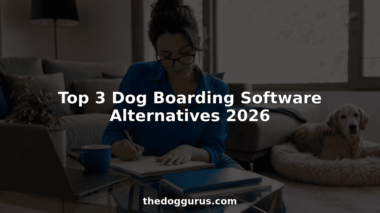 Pet care owner reviewing dog boarding software notes
