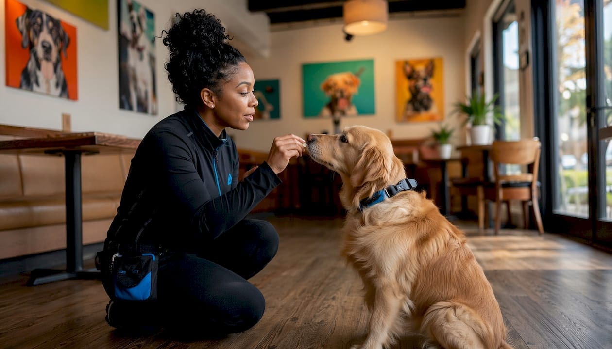 Trainer interacting with dog in day care