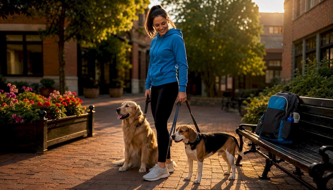 Woman starting dog walking business with two dogs in park