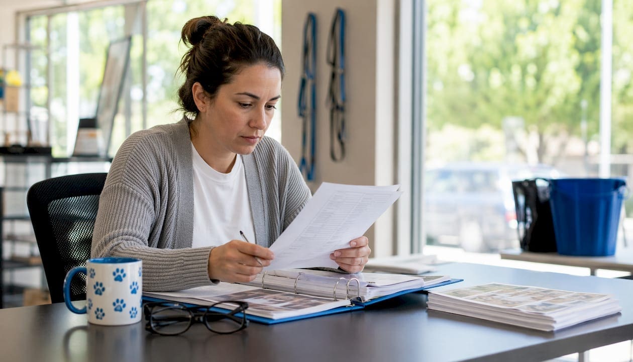 Pet care manager reviewing staff schedules at desk