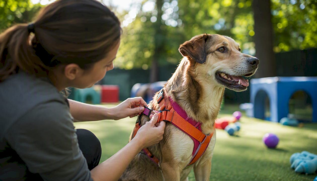 Dog daycare staff securing dog harness indoors