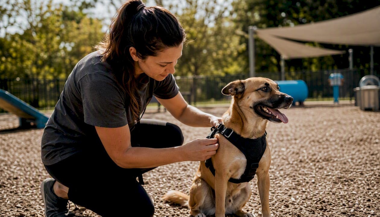 Staff fitting safety harness on dog in daycare