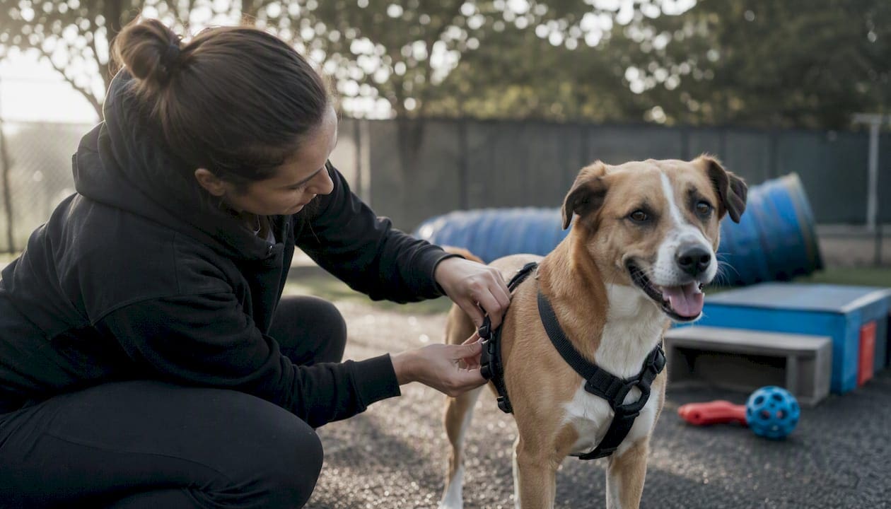 Staff clipping safety harness on dog