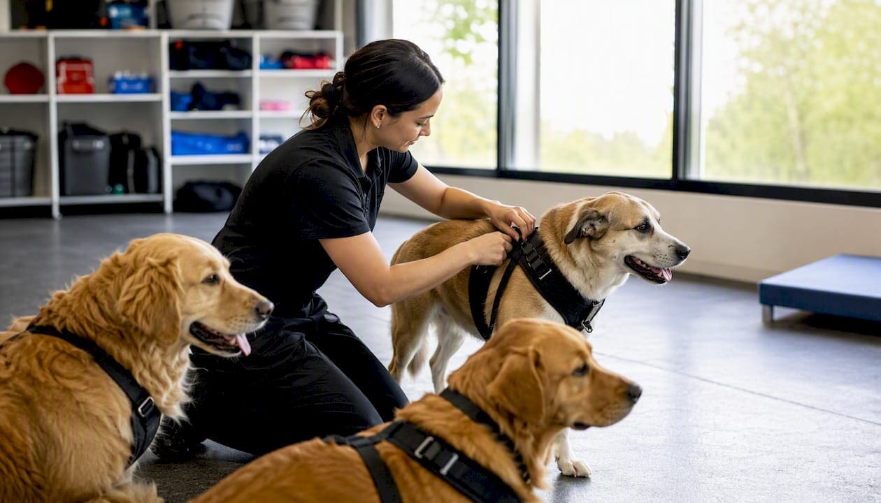 Pet staff securing dogs with harnesses in daycare