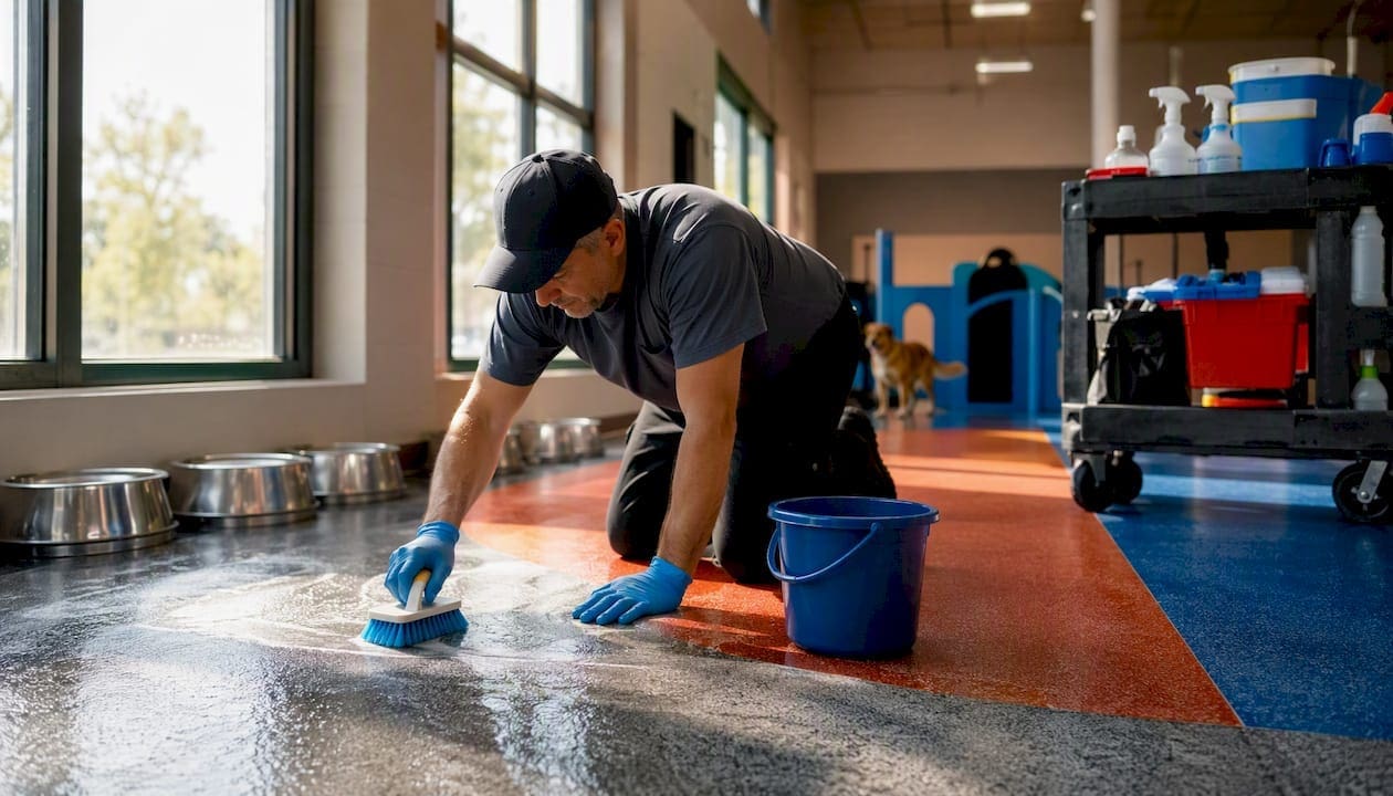 Janitor scrubbing dog daycare floor