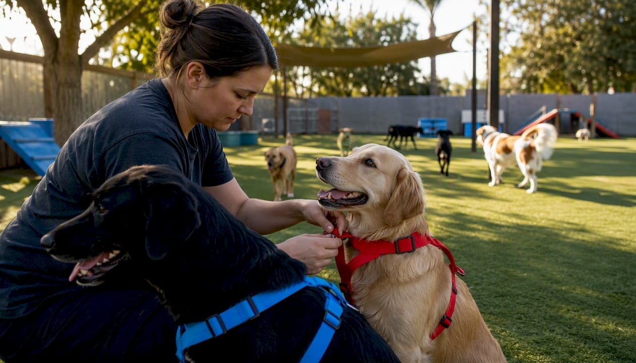 Dog handler fitting harness on dog indoors