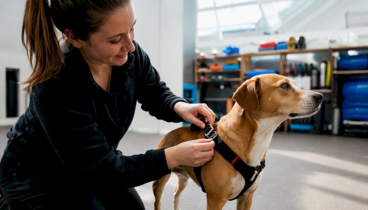 Staff clipping dog harness in training room
