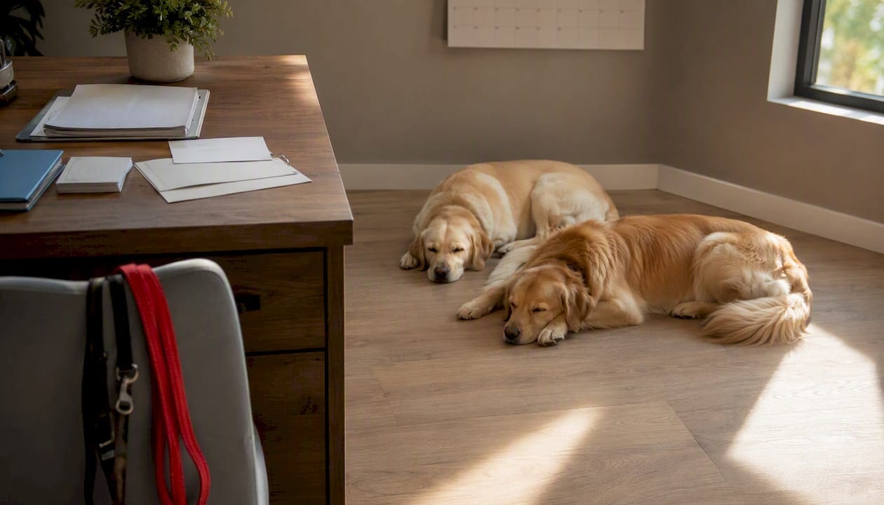 Two calm dogs near pet care business desk