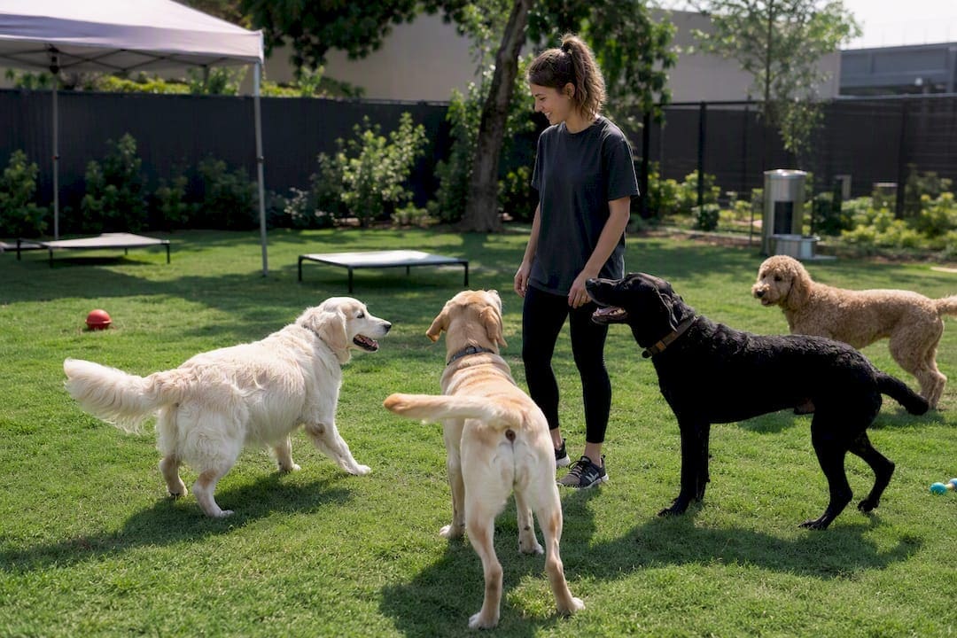Handler supervising active dog group play indoors