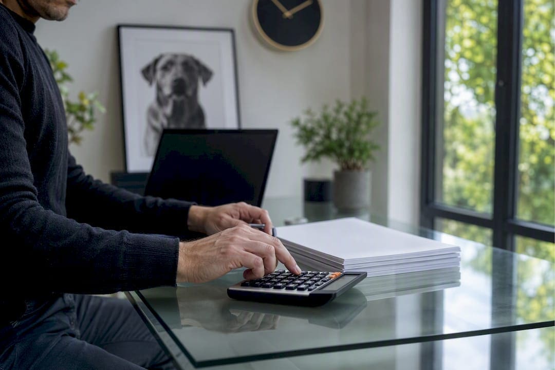 Hands using calculator on business desk