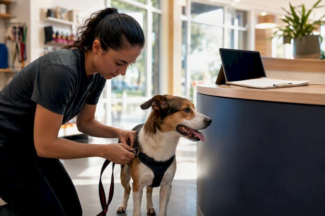 Staff harnessing dog at daycare front desk