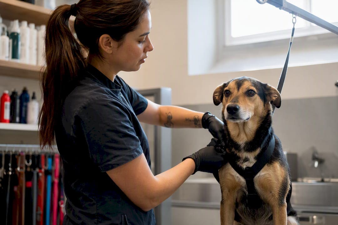 Kennel attendant putting harness on dog in kennel