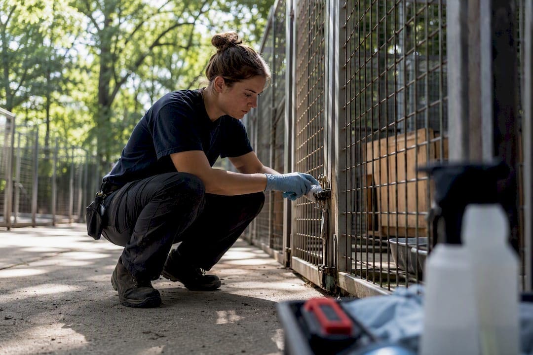 Staff inspecting kennel latch for safety