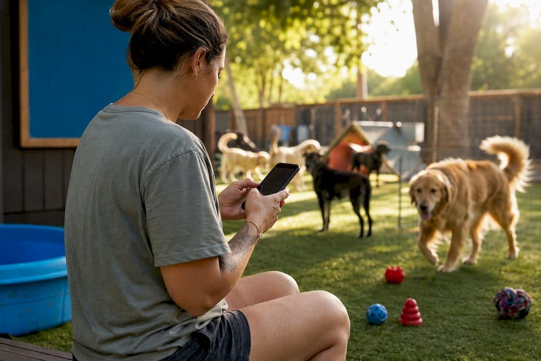 Pet business owner typing review request on phone