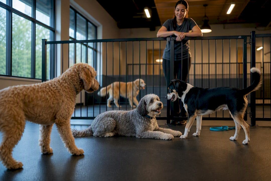 Supervisor assessing dogs in daycare playgroup