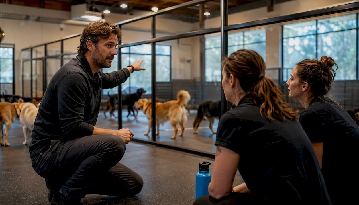 Pet care owner coaching a staff team