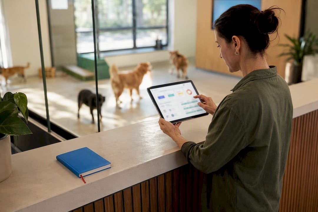Owner reviewing live pet business dashboard