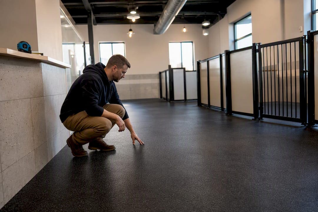 Owner inspecting a dog daycare facility buildout