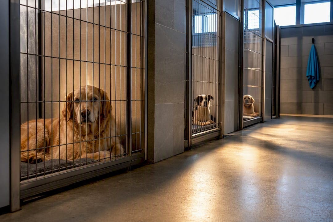 Dogs resting in organized boarding kennels