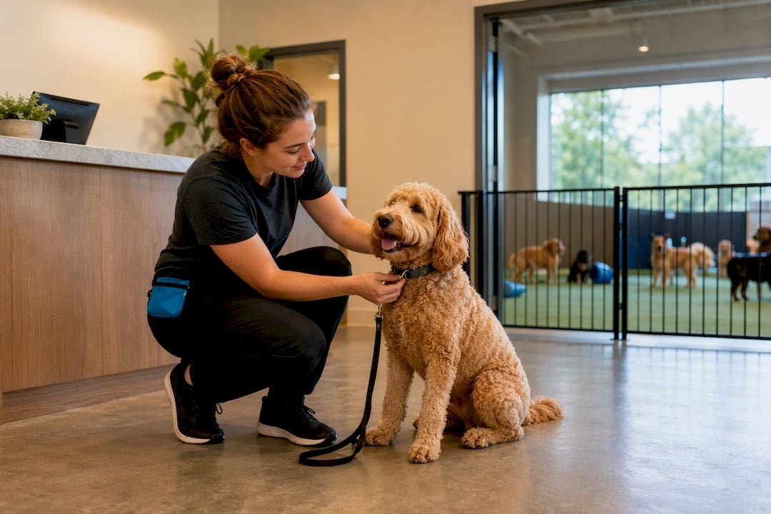 Staff member performing consistent dog daycare intake