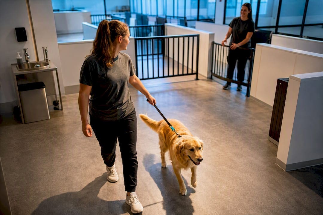 Staff guiding dog through daycare workflow