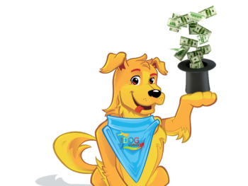 Griffin the dog holding a top hat with one-hundred-dollar bills coming out of it in his paw.