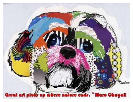 Artist-outdoor-signs-picture-5 Artwork of a small dog with a rainbow of different colors and patterns filling in portions of its face. A Marc Chagall quote at the bottom says, "Great art picks up where nature ends."