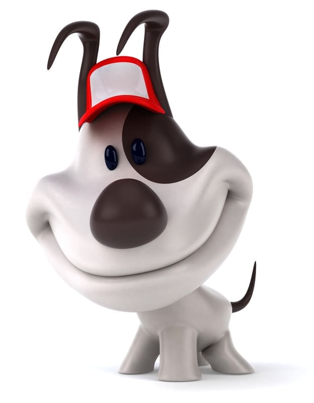 Computer graphic of a cartoon dog with a big smile and that is wearing a red and white hat.