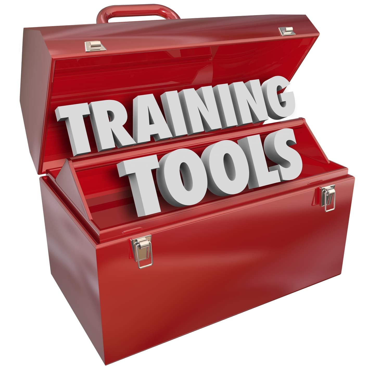 Open red metal toolbox with the three-dimensional words "Training Tools" showcased.